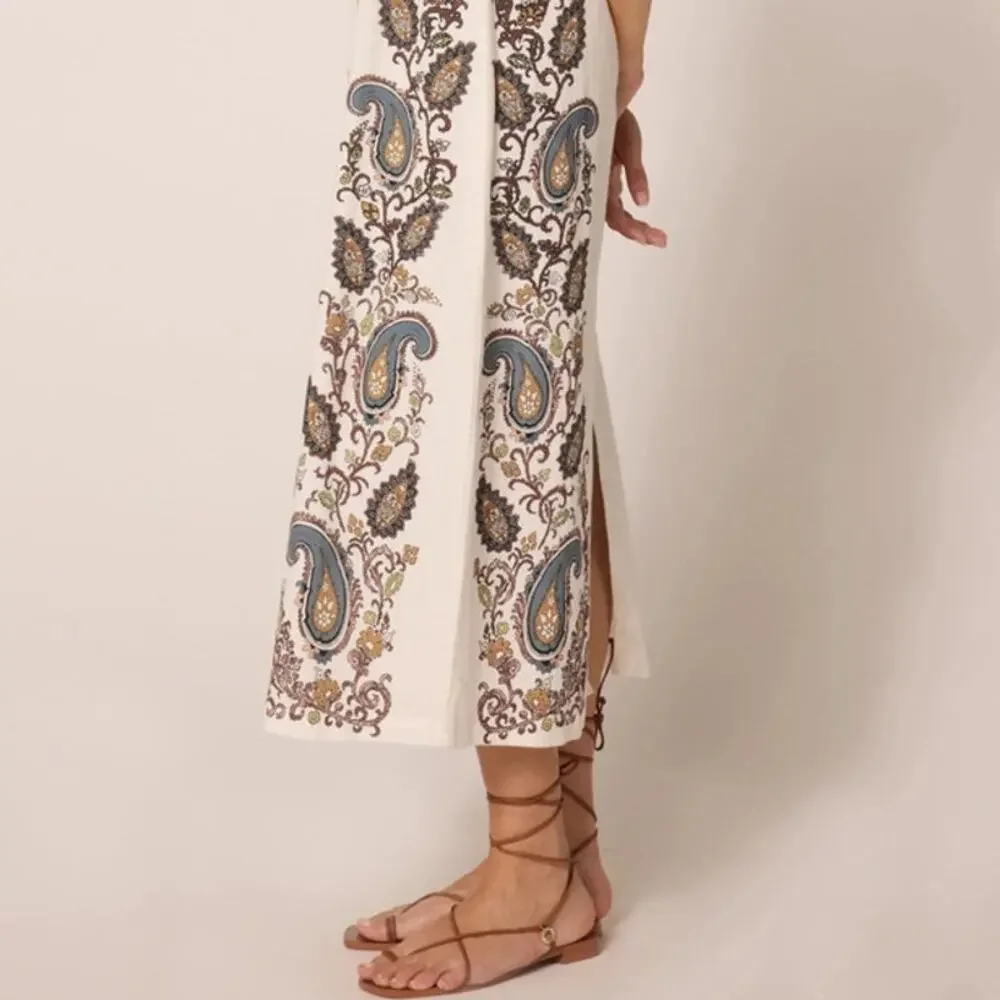 Cleobella Jolene Veneto Paisley Ivory‎ Ankle Midi Linen Dress Boho Indie Cottage